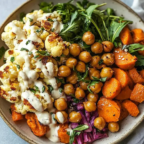 Roasted Veggies & Chickpeas with Tahini Yogurt Dressing