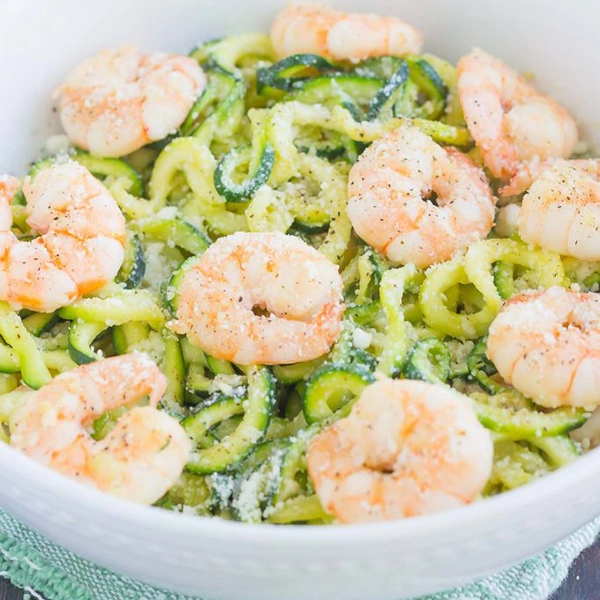 Garlic Parmesan Zoodles and Shrimp