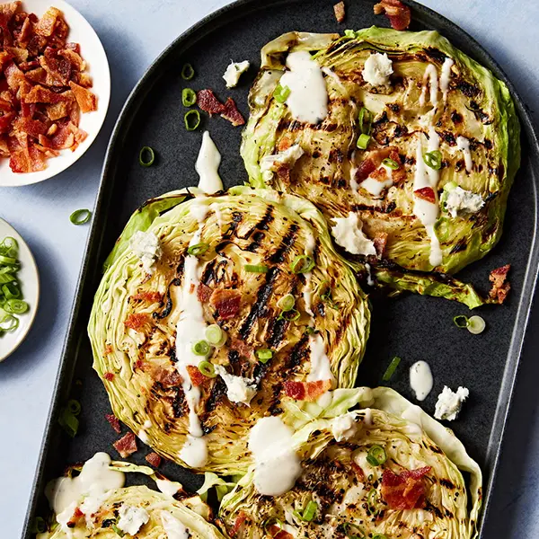 Grilled Cabbage Steaks with Bacon & Blue Cheese (K & GF)